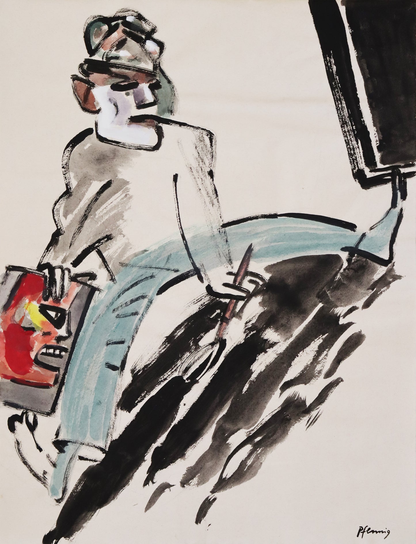 Original Mixed-Media-Malerei von Wolf-Dieter-Pfennig, ohne Titel  – expressive Darstellung eines Mannes breitbeinig auf dem Boden sitzend, er hält ein Bild in der Hand. Mit dere anderen Hand malt er mit einem Pinsel auf dem Boden. Mixed Media auf Papier, signiert, erhältlich bei Galerie Waldbach, What the Artist Made