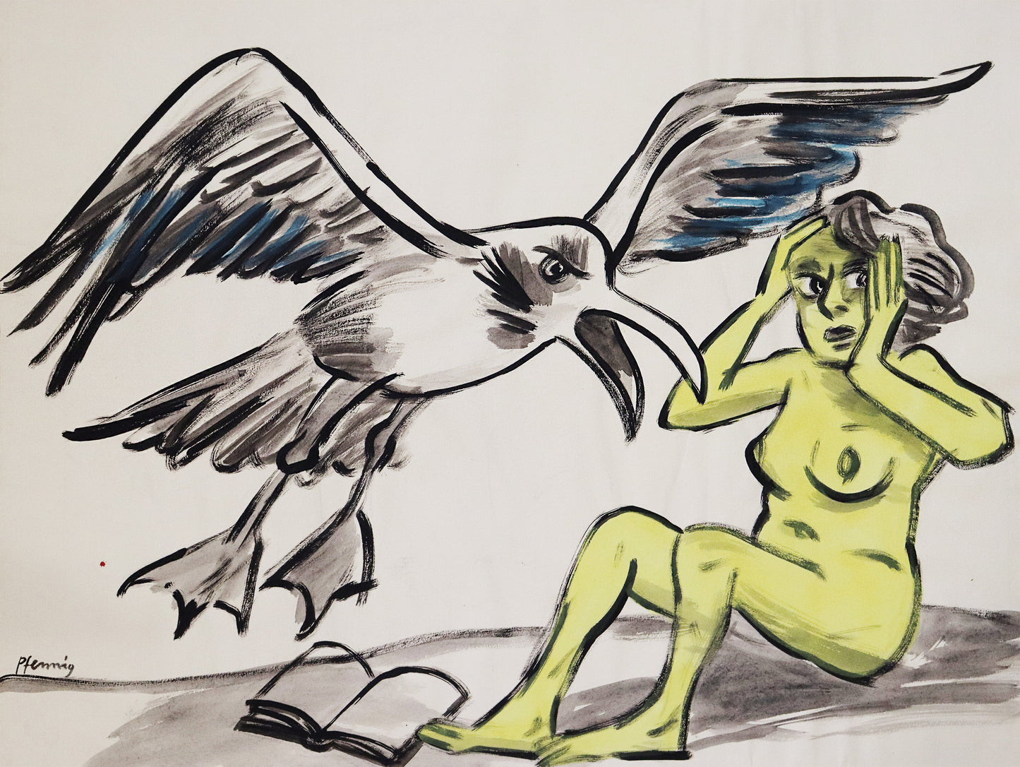 Original Mixed-Media-Malerei von Wolf-Dieter-Pfennig, ohne Titel  – expressive Darstellung einer großen Möwe, diemit offenem Schnabel auf eine unbekleidete Frau, mit Gelb dargestellt,  zufliegt. Die Frau hält ihre Hände an den Kopf. Vor ihr ein offenes Buch. Mixed Media auf Papier, signiert, erhältlich bei Galerie Waldbach, What the Artist Made