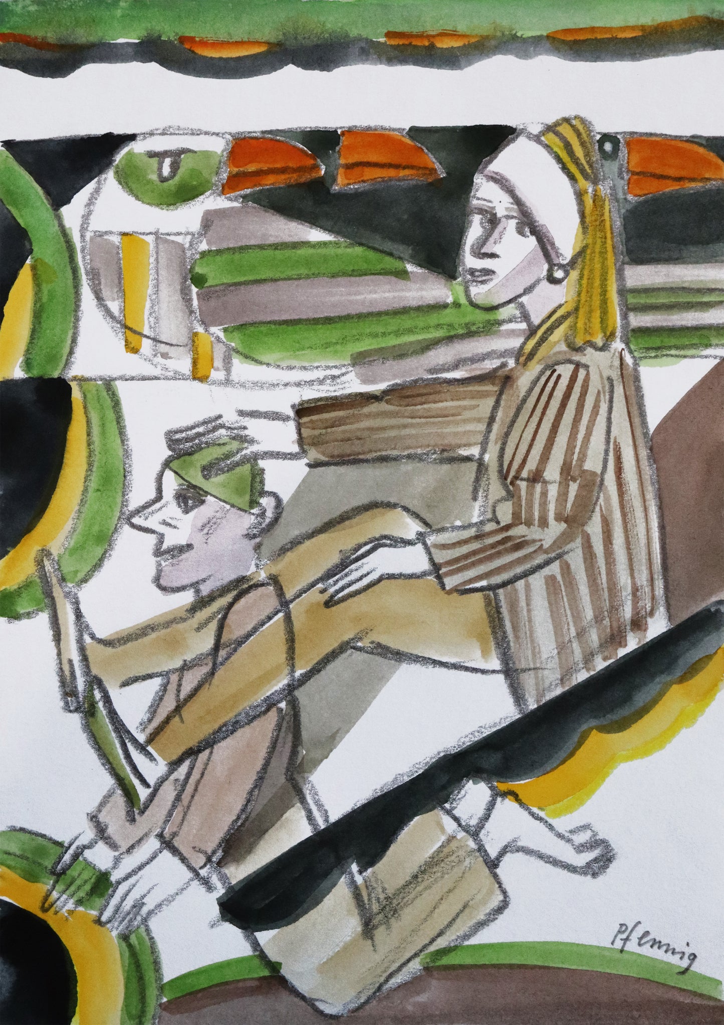 Original Mixed-Media-Malerei von Wolf-Dieter-Pfennig, ohne Titel  – expressive Darstellung einer Frau, sitzend, Kopf und Kopfschmuck erinnern an das Gemälde Vermeers "Mädchen mit dem Perlenohrring". Sie legt ihre Hand auf einen Mann vor ihr, knieend. Im Hintergrund Andeutungen von Vögeln. Mixed Media auf Papier, signiert, erhältlich bei Galerie Waldbach, What the Artist Made