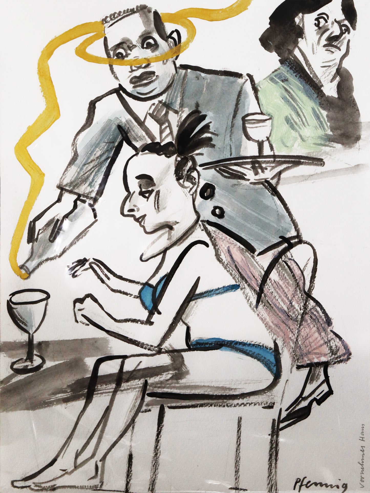 Original Mixed-Media-Malerei von Wolf-Dieter-Pfennig, Titel: „Vornehmes Haus“– expressive Darstellung einer Frau, sitzend im blauen Bikini am Tisch, dahinter ein Kellner/Angestellter ein Glas  füllend. Aus der Flasche kommt goldene Farbe und schwebt um seinen Kopf, dahinter eine Frau skeptisch auf die Szene blickend. Mixed Media auf Papier, signiert, erhältlich bei Galerie Waldbach - What The Artist Made
