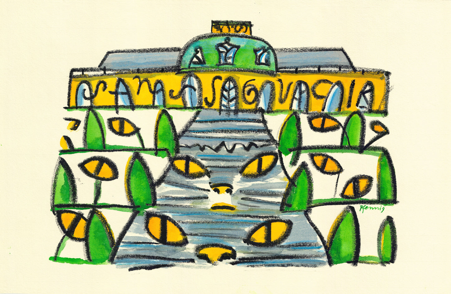Plakat, handsigniert von Wolf-Dieter-Pfennig, Titel „Katzenaugen Sanssouci“ – expressive Darstellung  einer Ansicht vom Schloss Sanssouci mit "Sanssouci" Beschriftung im Schloss. Katzenaugen überall in der umgebenden Parklandschaft und Andeutung von zwei Katzengesichtern im Aufgang zum Schloss. Potsdam Parklandschaft und historische Architektur, Bildelemente in grün und gelb gedruckt, erhältlich bei What The Artist Made