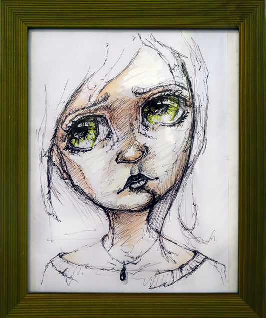 Original Mixed-Media von XNine, Graffiti-Künstler aus Potsdam, ohne Titel. Ausdrucksstarkes emotionales Porträt einer Person/Mädchen mit traurigem Blick. Es schaut mit großen grünen Augen seitlich aus dem Bild heraus. Gerahmt, erhältlich bei Galerie Waldbach - What The Artist Made