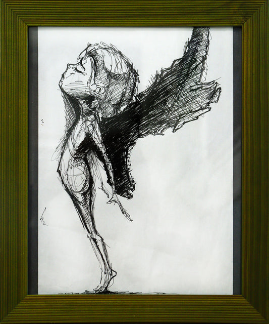 Original Mixed-Media von XNine, Graffiti-Künstler aus Potsdam, ohne Titel. Ausdrucksstarkes emotionales Porträt einer Person/Mädchen mit aufgerichtetem Stand in Seitenansicht. Hinter dem Mädchen ist eine dunkle Fläche, die an Flügel erinnert. Gerahmt, erhältlich bei Galerie Waldbach - What The Artist Made