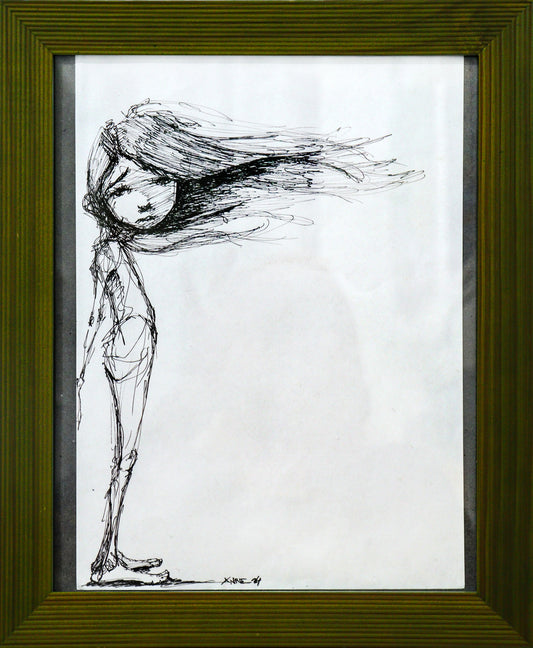 Original Mixed-Media von XNine, Graffiti-Künstler aus Potsdam, ohne Titel. Ausdrucksstarkes emotionales Porträt einer Person/Mädchen mit aufgerichtetem Stand in Seitenansicht. Das Mädchen schaut den Betrachter mit traurigem Blick an. Gerahmt, erhältlich bei Galerie Waldbach - What The Artist Made