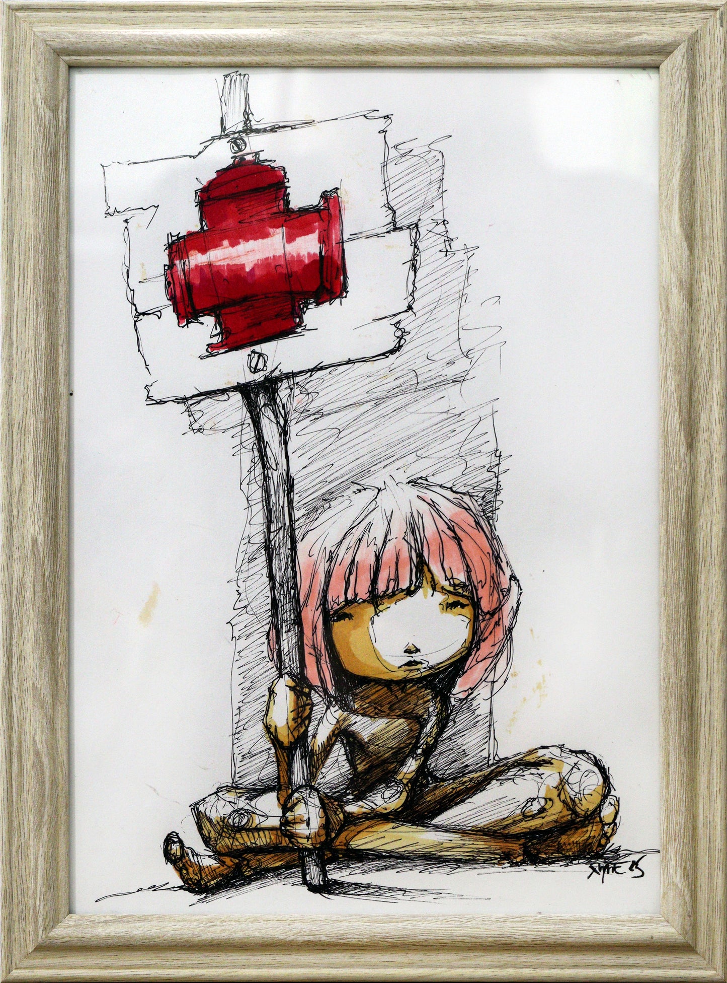 Original Mixed-Media von XNine, Graffiti-Künstler aus Potsdam, ohne Titel. Ausdrucksstarkes emotionales Porträt einer Person/Mädchen, sitzend im Schneidersitz. Es hält ein Schild mit der Abbildung eines roten Hydranten hoch. Gerahmt, erhältlich bei Galerie Waldbach - What The Artist Made