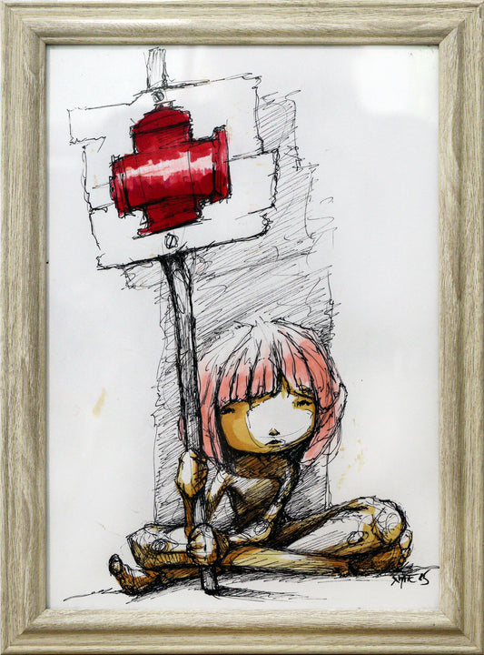 Original Mixed-Media von XNine, Graffiti-Künstler aus Potsdam, ohne Titel. Ausdrucksstarkes emotionales Porträt einer Person/Mädchen, sitzend im Schneidersitz. Es hält ein Schild mit der Abbildung eines roten Hydranten hoch. Gerahmt, erhältlich bei Galerie Waldbach - What The Artist Made