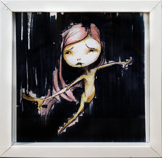Original Mixed-Media von XNine, Graffiti-Künstler aus Potsdam, ohne Titel. Ausdrucksstarkes emotionales Porträt einer Person/Mädchen, schwebend vor einem schwarzen Hintergrund, Spuren vom Marker mit weißen Lücken. Es streckt die Arme aus und schaut mit traurigem Blick links aus dem Werk. Gerahmt, erhältlich bei Galerie Waldbach - What The Artist Made