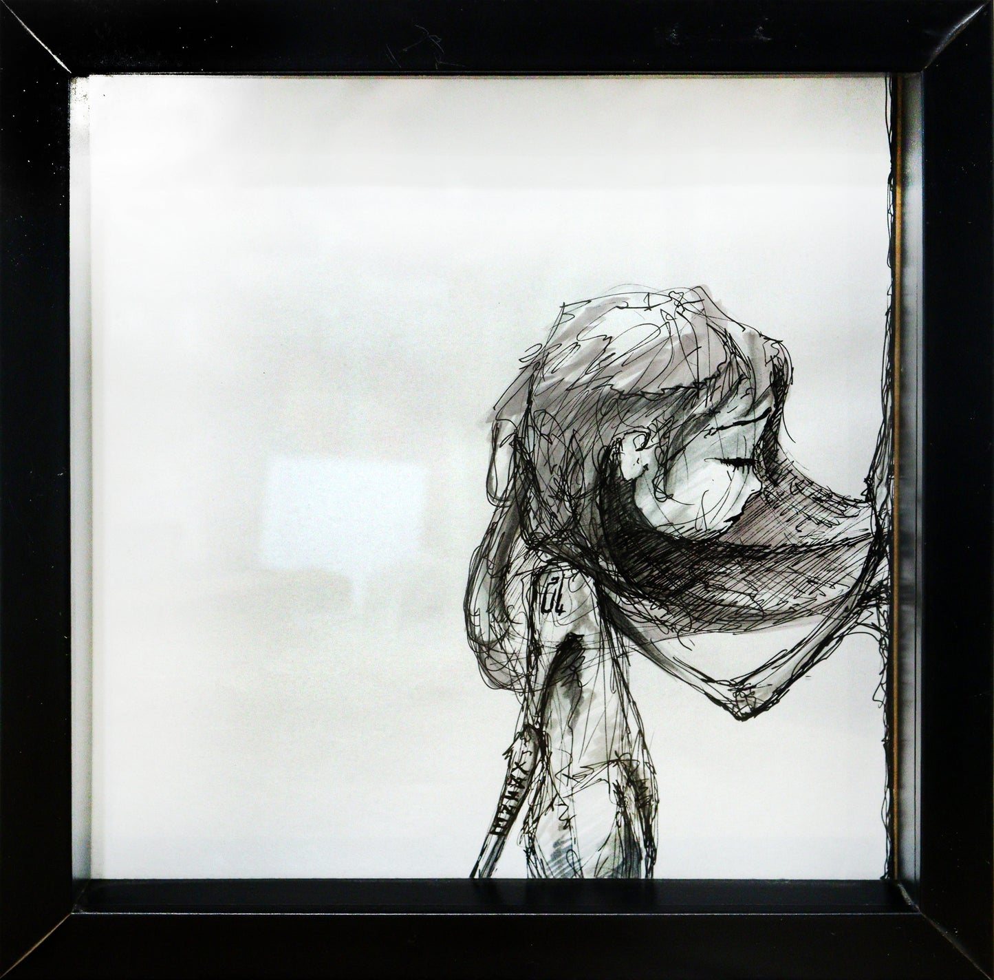 Original Mixed-Media von XNine, Graffiti-Künstler aus Potsdam, ohne Titel. Ausdrucksstarkes emotionales Porträt einer Person/Mädchen, am rechten Rand des Bildes sich gegen den Rand stützend, in seitlicher Perspektive. Der Blick ist traurig, die Augen geschlossen. Gerahmt, erhältlich bei Galerie Waldbach - What The Artist Made