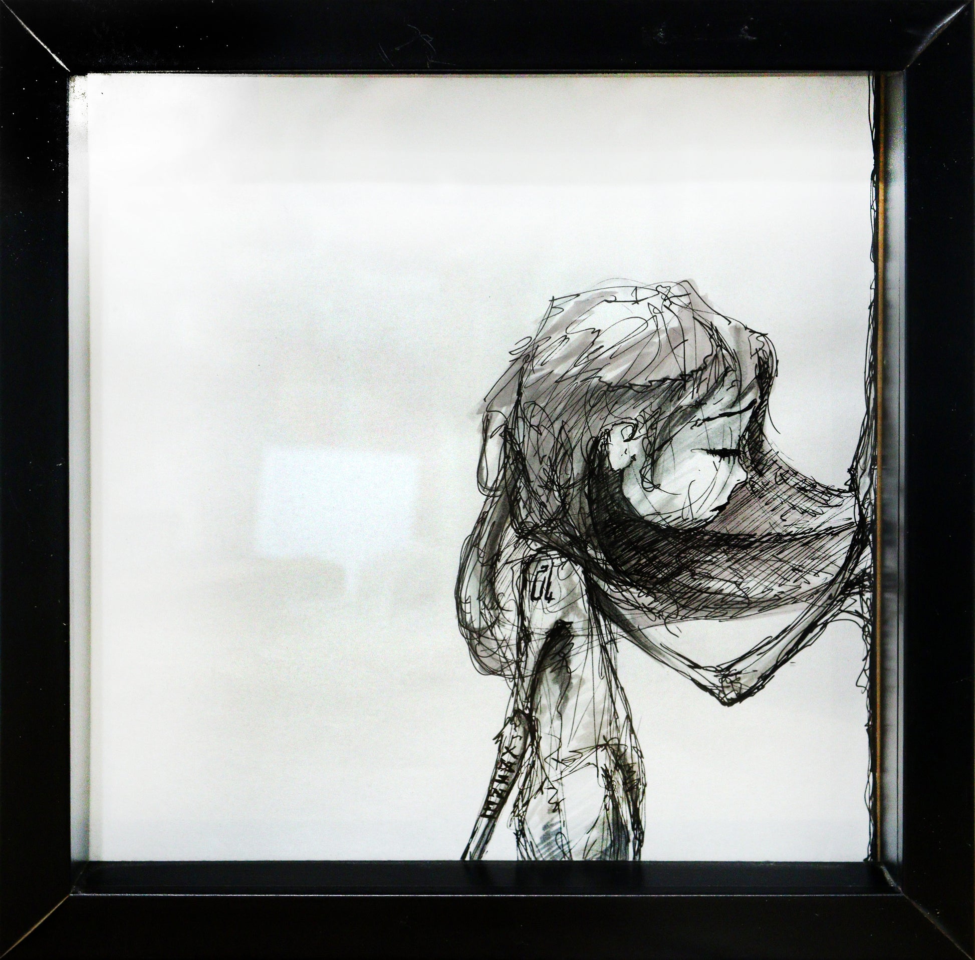 Original Mixed-Media von XNine, Graffiti-Künstler aus Potsdam, ohne Titel. Ausdrucksstarkes emotionales Porträt einer Person/Mädchen, am rechten Rand des Bildes sich gegen den Rand stützend, in seitlicher Perspektive. Der Blick ist traurig, die Augen geschlossen. Gerahmt, erhältlich bei Galerie Waldbach - What The Artist Made