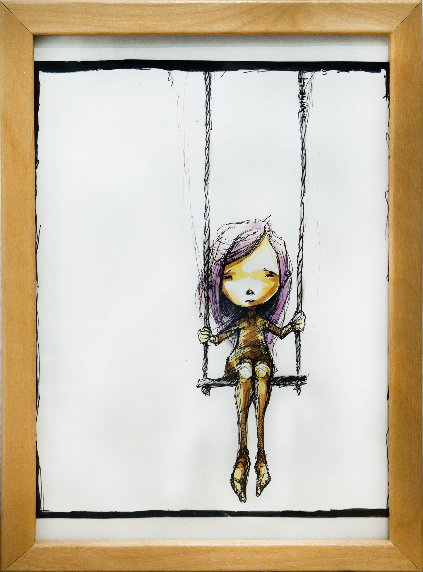 Original Mixed-Media von XNine, Graffiti-Künstler aus Potsdam, ohne Titel. Ausdrucksstarkes emotionales Porträt einer Person/Mädchen, auf einer Schaukel sitzend, mit rosavioletten Haaren. Der Blick ist traurig und auf den Betrachter gerichtet. Gerahmt, erhältlich bei Galerie Waldbach - What The Artist Made