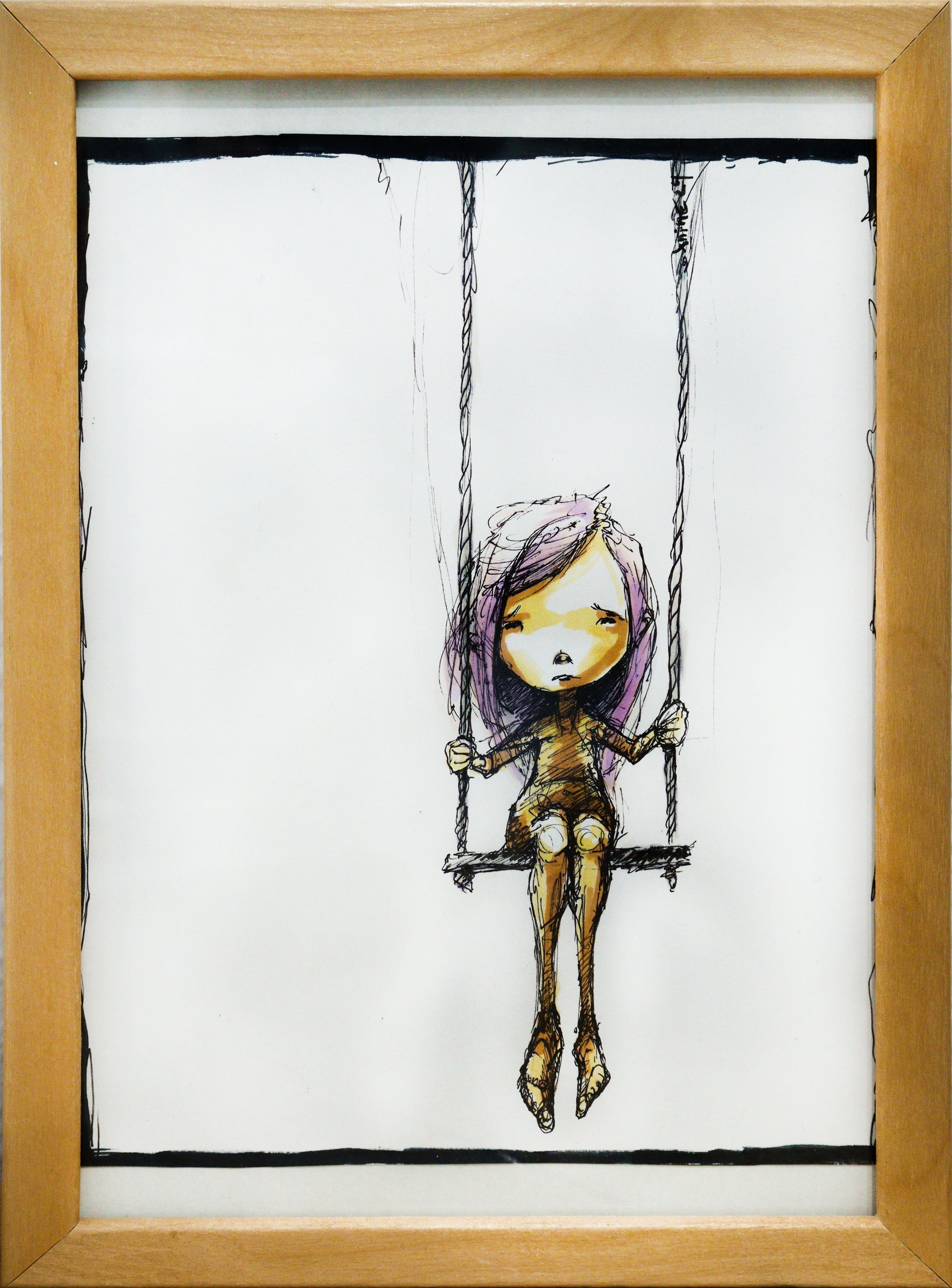 Original Mixed-Media von XNine, Graffiti-Künstler aus Potsdam, ohne Titel. Ausdrucksstarkes emotionales Porträt einer Person/Mädchen, auf einer Schaukel sitzend, mit rosavioletten Haaren. Der Blick ist traurig und auf den Betrachter gerichtet. Gerahmt, erhältlich bei Galerie Waldbach - What The Artist Made