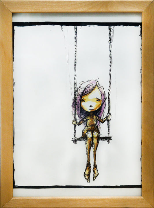 Original Mixed-Media von XNine, Graffiti-Künstler aus Potsdam, ohne Titel. Ausdrucksstarkes emotionales Porträt einer Person/Mädchen, auf einer Schaukel sitzend, mit rosavioletten Haaren. Der Blick ist traurig und auf den Betrachter gerichtet. Gerahmt, erhältlich bei Galerie Waldbach - What The Artist Made