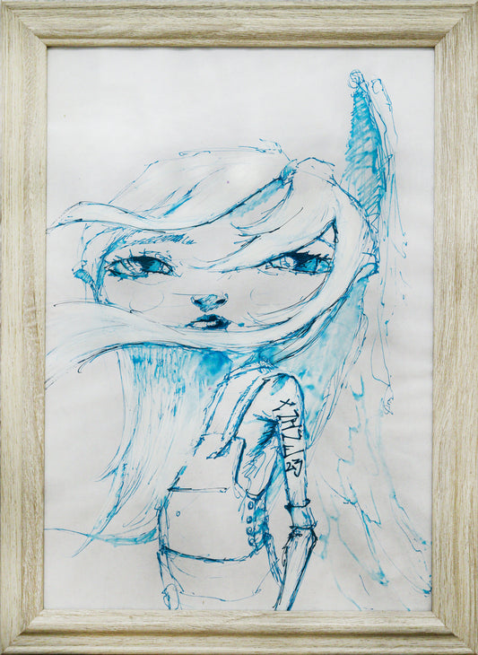 Original Mixed-Media von XNine, Graffiti-Künstler aus Potsdam, ohne Titel. Ausdrucksstarkes emotionales Porträt einer Person/Mädchen, in Cyan-Farbe, helltürkis. Comicartiger Stil mit großem Kopf und ausdrucksstarken Augen, sie schaut den Betrachter an. Gerahmt, erhältlich bei Galerie Waldbach - What The Artist Made