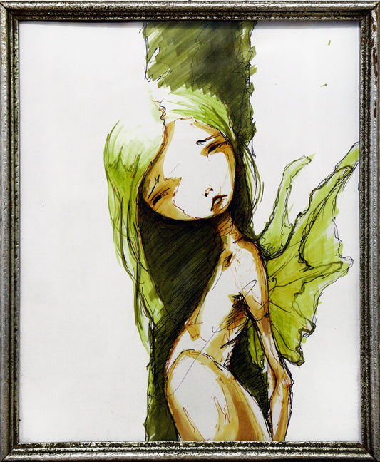 Original Mixed-Media von XNine, Graffiti-Künstler aus Potsdam, ohne Titel. Ausdrucksstarkes emotionales Porträt einer Person/Mädchen, in Grüntönen. Sie hat den Kopf und Blick zum Betrachter gedreht und einen traurigen Ausdruck. Sie trägt Flügel auf dem Rücken. Gerahmt, erhältlich bei Galerie Waldbach - What The Artist Made