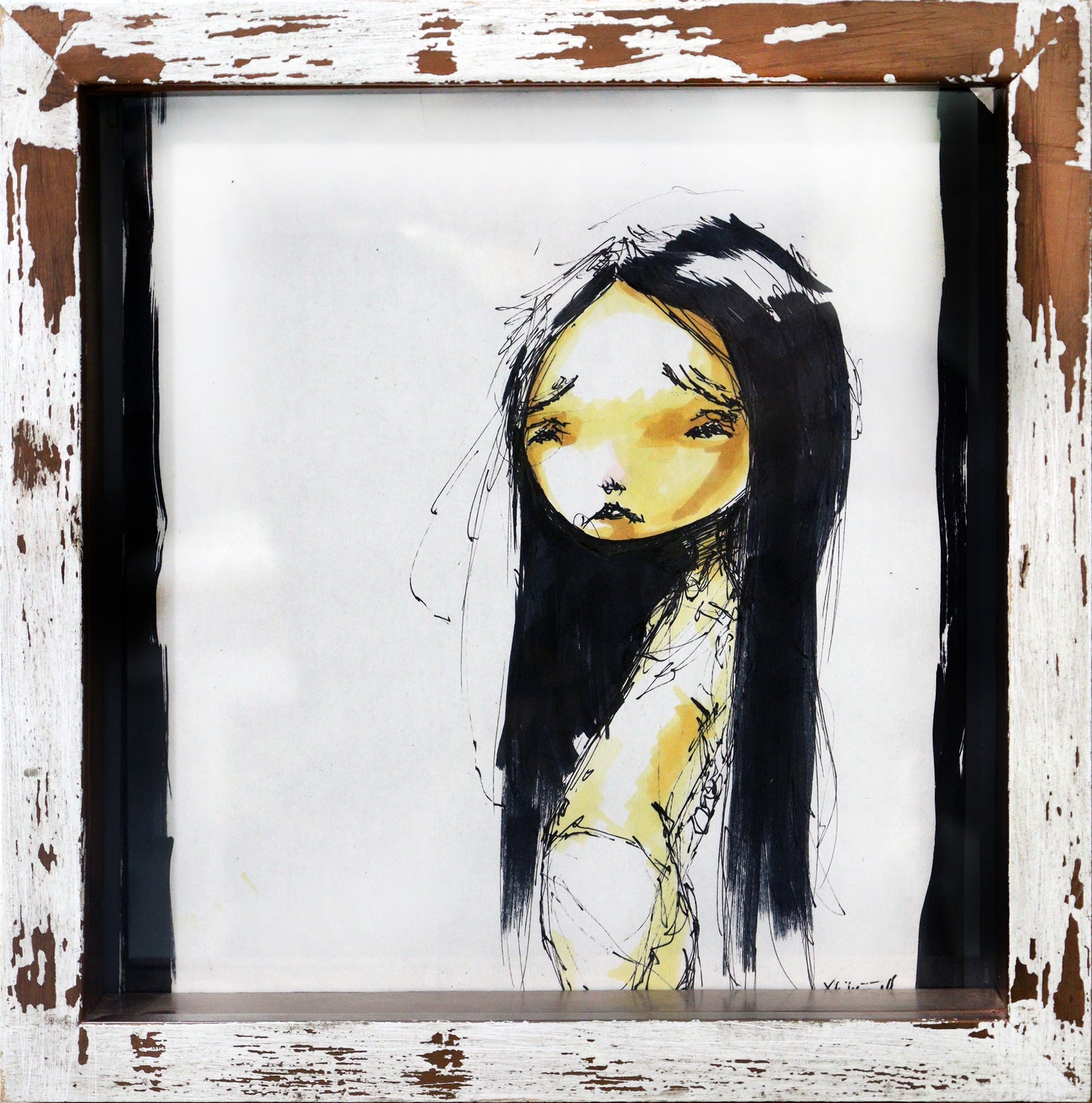 Original Mixed-Media von XNine, Graffiti-Künstler aus Potsdam, ohne Titel. Ausdrucksstarkes emotionales Porträt einer Person/Mädchen mit langen schwarzen Haaren. Der Blick ist traurig. Gerahmt, erhältlich bei Galerie Waldbach - What The Artist Made